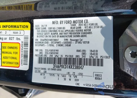 2019 Ford Fusion Sel from USA, damaged, VIN 3FA6P0CD1KR238047